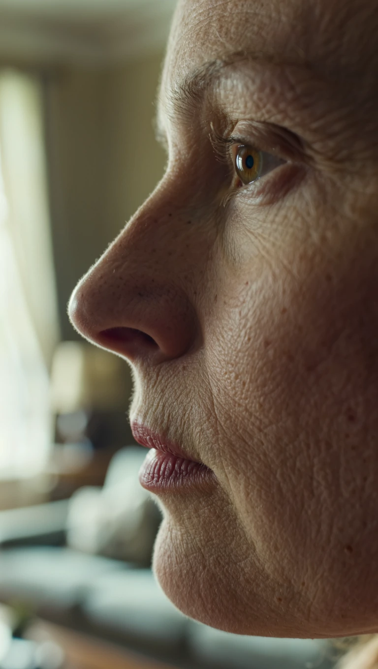 A raw, unedited, hyper-realistic candid portrait photograph of a real person, a 28-year-old woman. This is a tight close-up shot focusing specifically on the delicate texture of her skin on her cheek, nose bridge, and around her eyes. The depth of fi