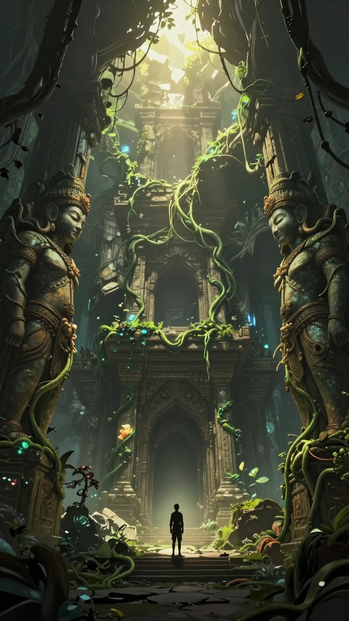 Cinematic anime fantasy landscape, massive overgrown ancient temple dungeon deep in a jungle, giant vine-covered statues and crumbling stone halls wit