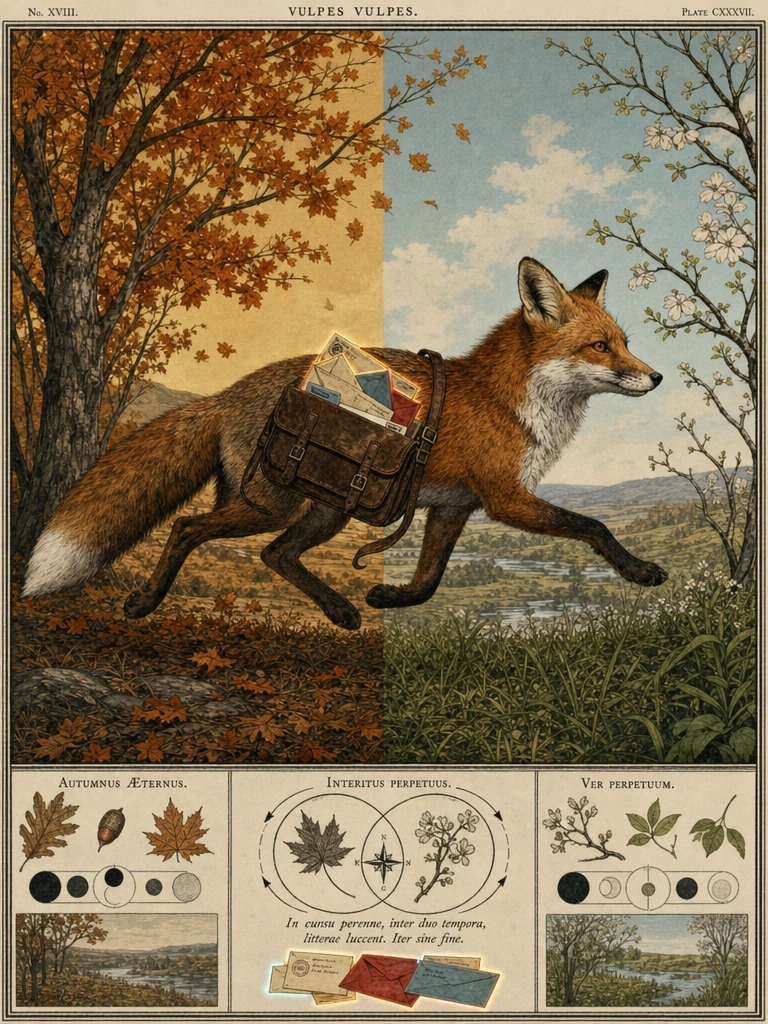 A red fox mid-trot through a split-frame landscape: one half autumn (burnt orange leaves, golden light), the other spring (budding green, pale blue sky), the fox's body straddling the invisible divide, a leather satchel of letters slung across its ba