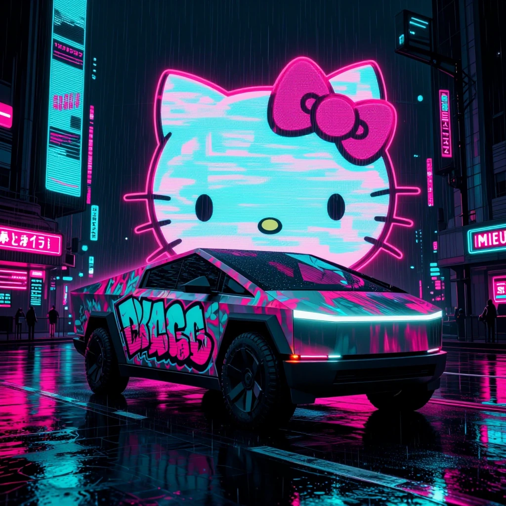 Hello Kitty and Japanese graffiti Cybertruck
