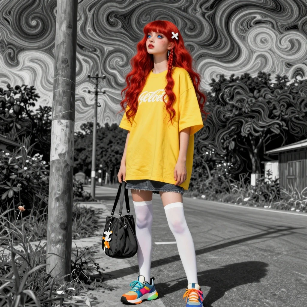 art nouveau, multiple monochrome, 1girl, solo, female focus, long hair, wavy hair, red hair, blunt bangs, long sidelocks, antenna hair, blue eyes, det