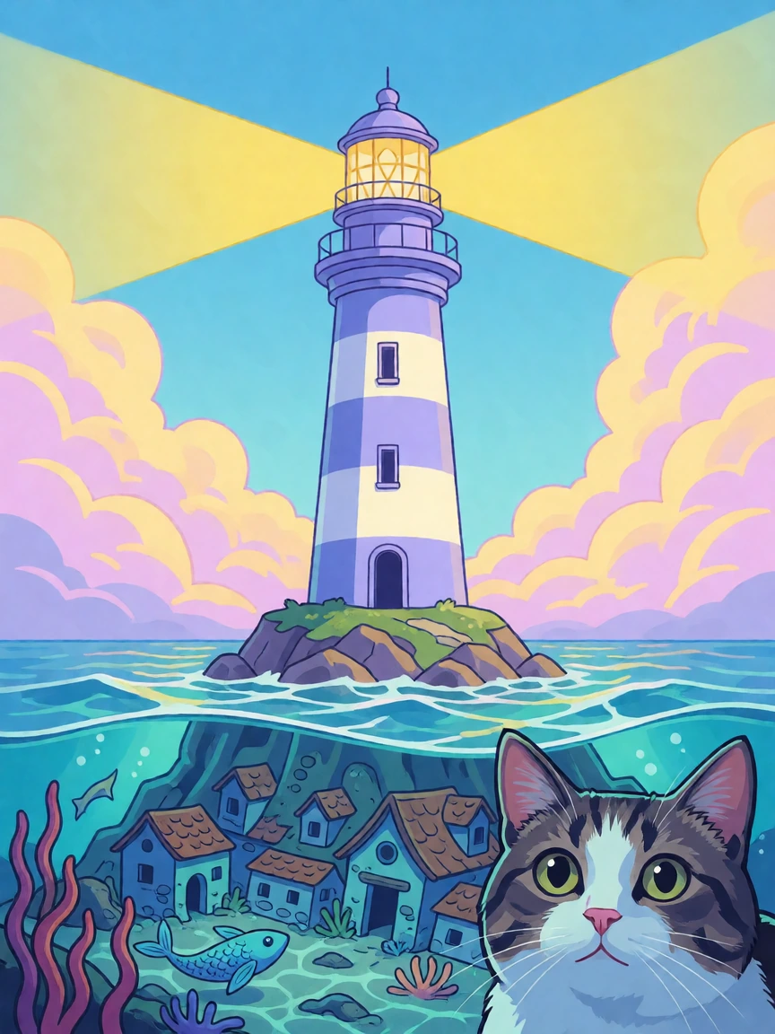 a lighthouse warning ships away from land that sank, lavender aqua yellow blue white, surreal, add a closeup cat. Show a sunken mermaid town