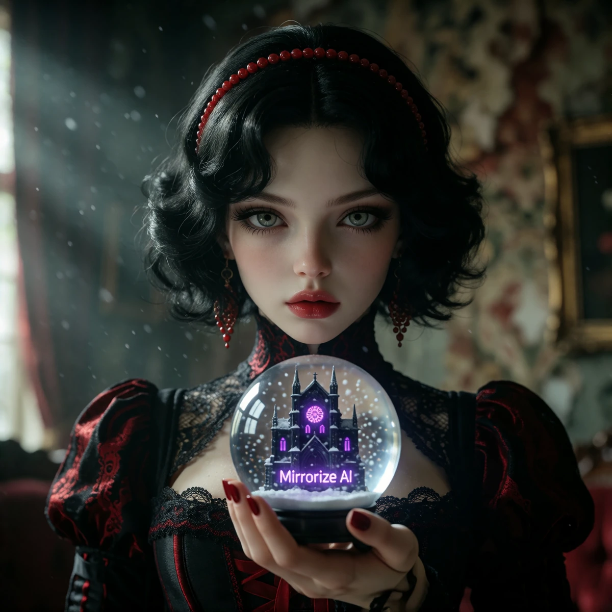 A hyperrealistic close-up portrait of a doll-like woman with a flawless, smooth and pale complexion. She has short, wavy black hair, adorned with a delicate red beaded headband; large, wide-open grey-green eyes with a fixed gaze and a mesmerising exp