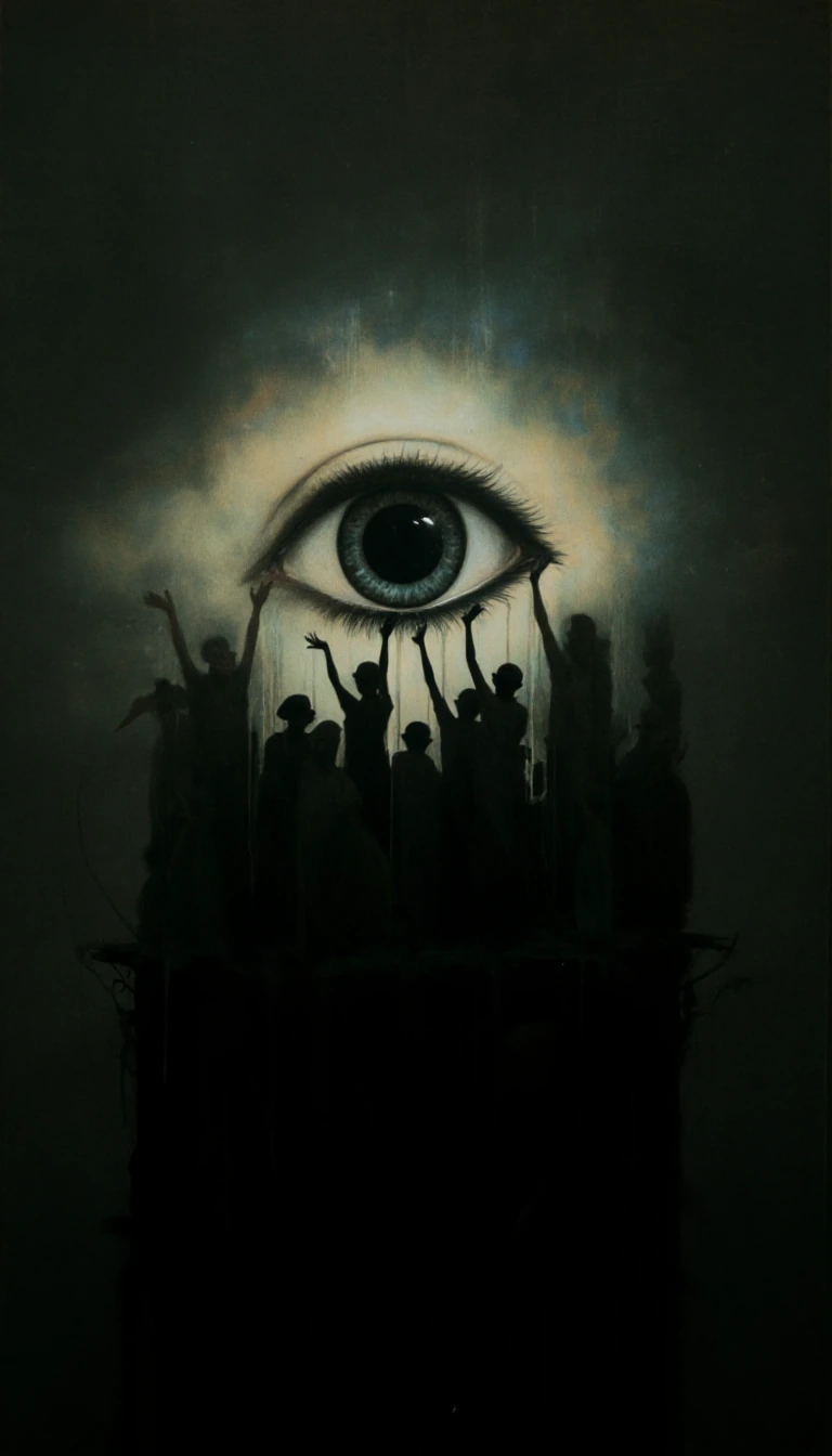 Art cleanses our souls of the dust of everyday life... and it is from this reflection that we create a striking, expressive and sombre image, in the spirit of #stephen king A group of garden gnomes, arms raised, are carrying a huge, bulging eye that 