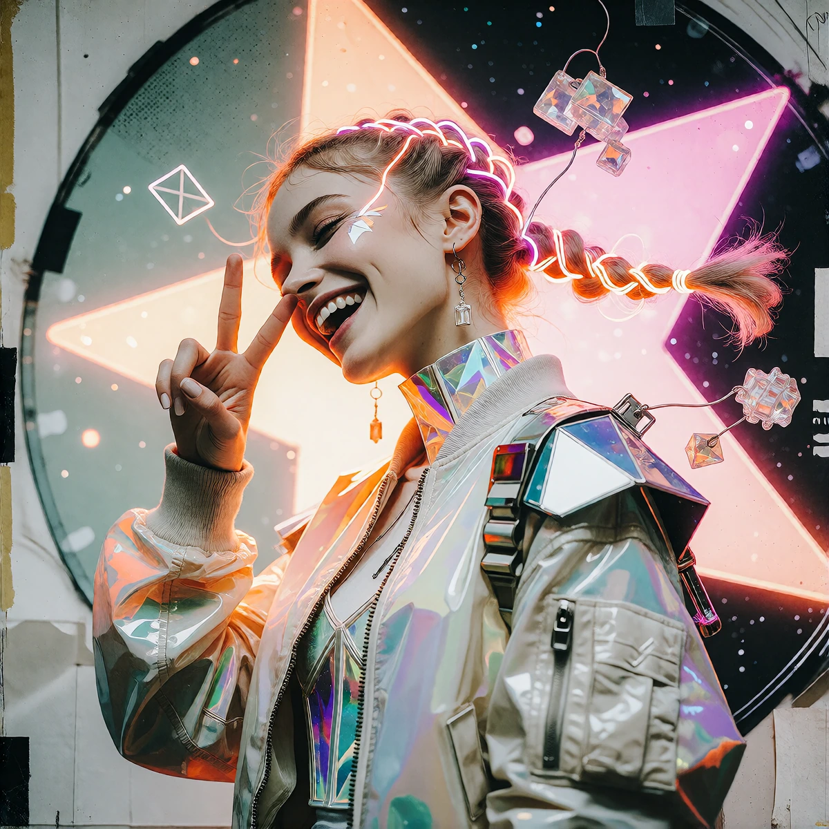 Shot & Pose: Dutch-angle close portrait with a confident grin, eyes closed mid-laugh while making a playful peace sign beside her face. Outfit & Figure: Layered holographic bomber jacket over an angular crystal corset, translucent sleeves, geometric 
