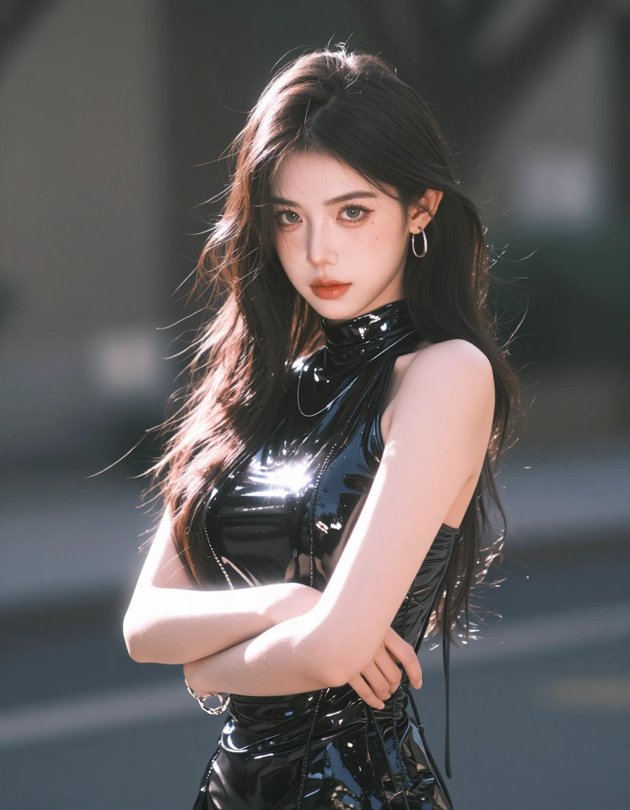 { "atmosphere": "sophisticated and edgy", "background": { "color": "black", "texture": "smooth and reflective" }, "composition": { "focus": "subject in the foreground with a minimalistic background", "framing": "centered" }, "image_type": "portrait",
