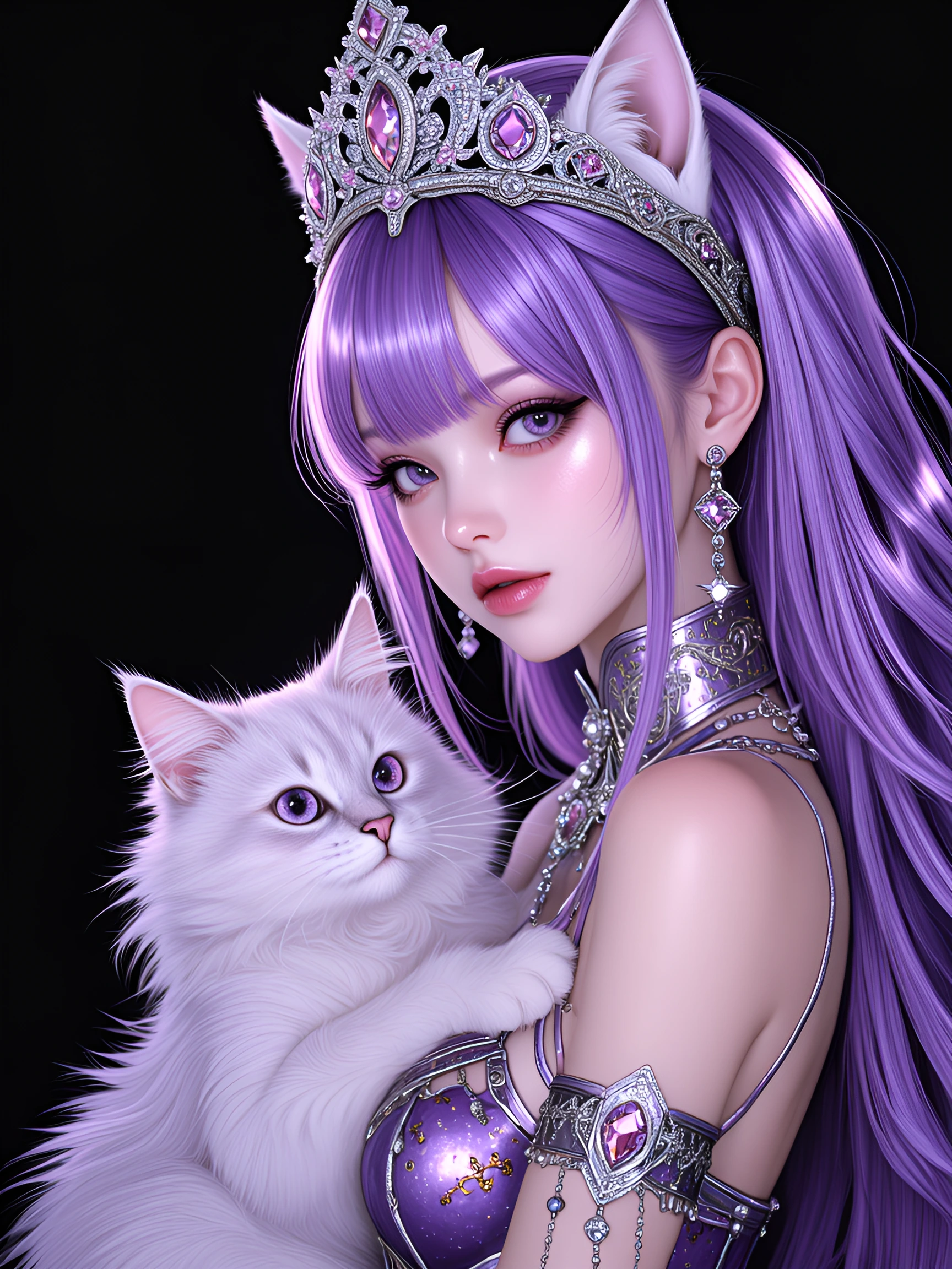 Gorgeous goth woman, metallic lavender, with her cat, dark scenery