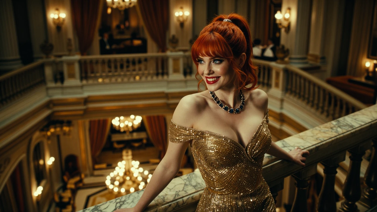Woman with vivid red hair in high ponytail, over-the-shoulder glance, radiant smile, blue innocent eyes, red lipstick, athletic slender form, leaning against marble staircase railing, glittering gold evening gown, wolf tooth necklace, palatial mansio