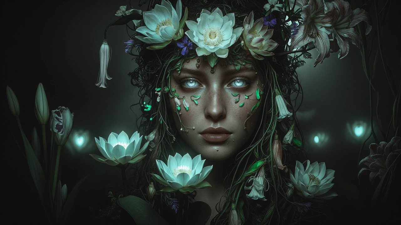 (Think: Magical realism, mystical flora, otherworldly glow) (masterpiece), best quality, expressive eyes, perfect face, A mesmerizing fantasy portrait