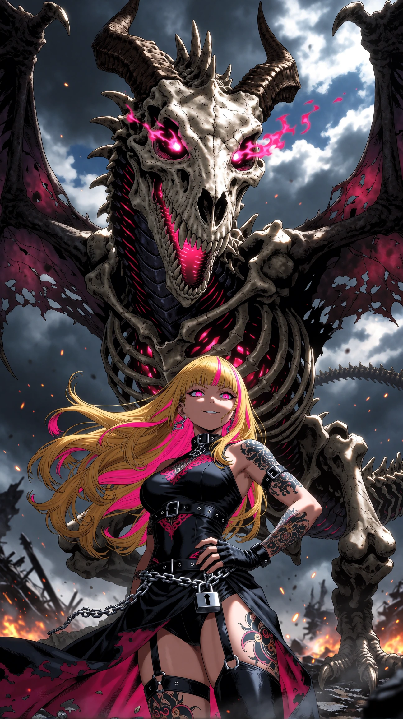 Masterpiece, best quality, ultradetailed digital illustration, highly polished rendering, cinematic lighting, sharp clean lines, beautiful stylized proportions. Trouble Chaos standing before a colossal skull dragon. Long blonde hair with bright pink 