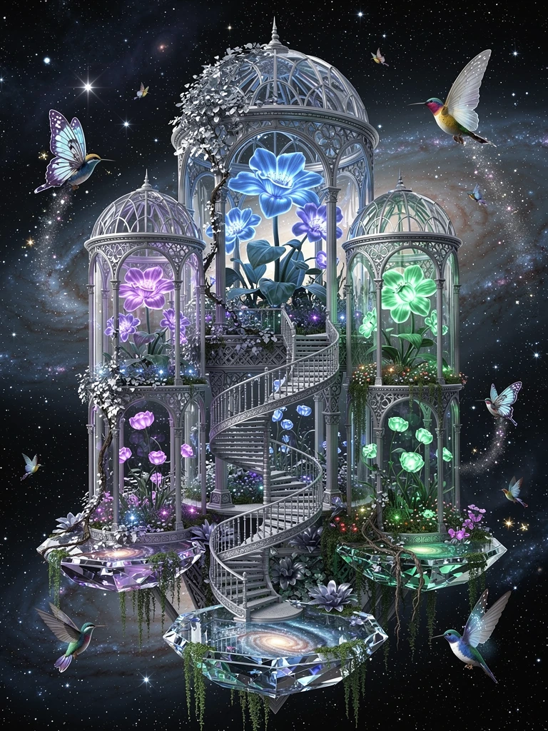 A hidden celestial greenhouse floating among the stars, where enormous glowing flowers bloom inside crystal domes beneath a sky of shimmering constell