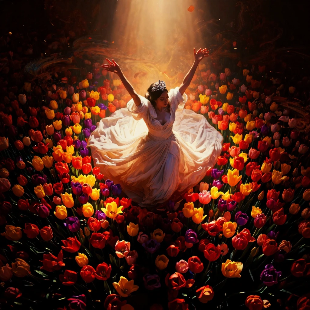 a beautiful princes like woman, wearing flowing white robes and diamond tiara, being engulfed by a sea of vibrant multicolored tulips in shades of cri
