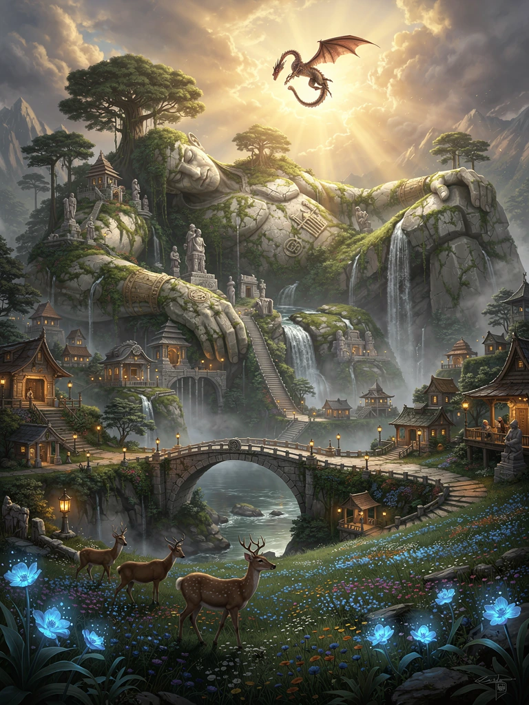 A breathtaking hidden valley where colossal stone giants have rested for thousands of years, their enormous bodies transformed into living mountains covered in emerald forests, cascading waterfalls, flowering meadows, and ancient temples. Massive tre