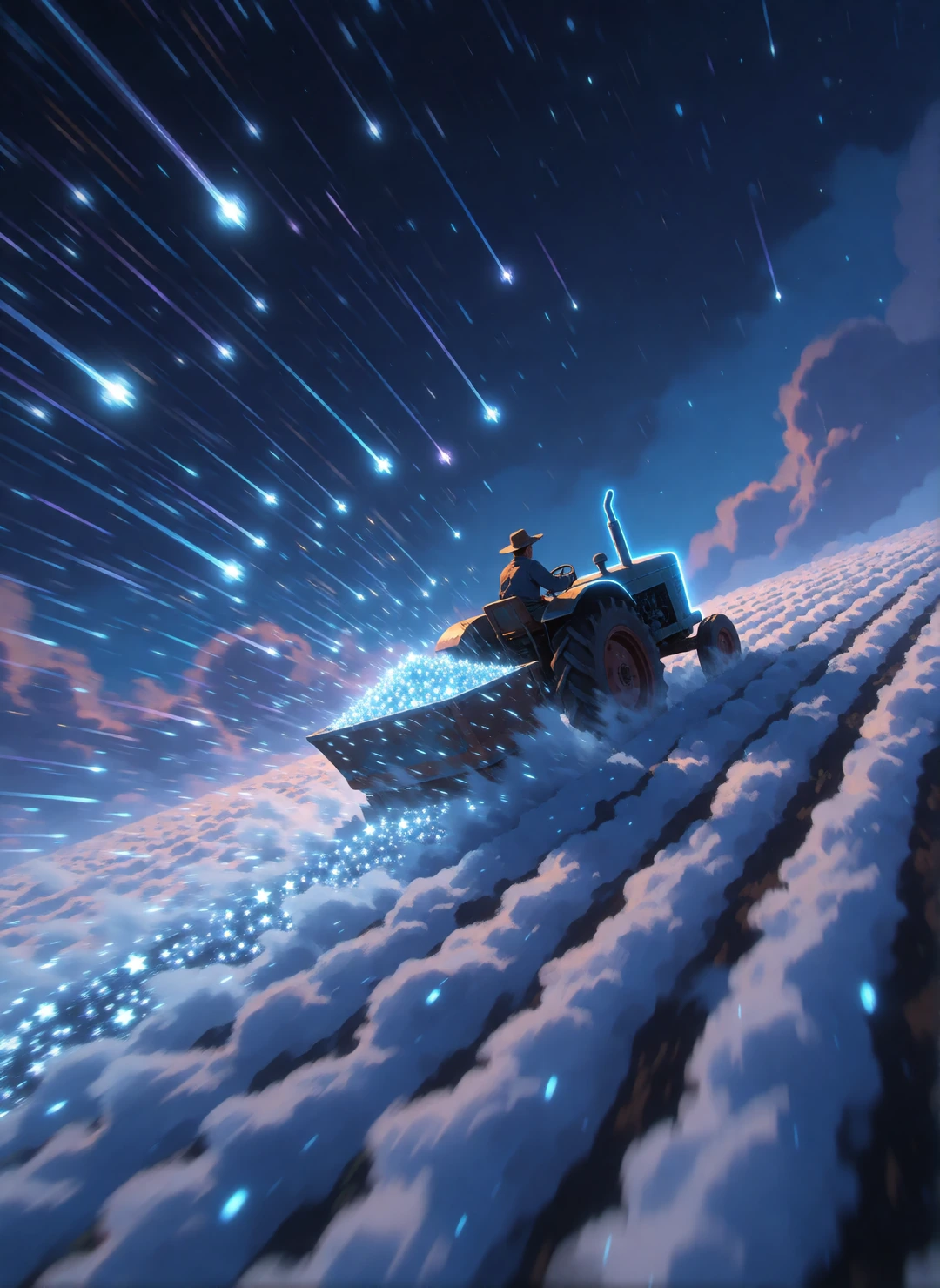 A lone farmer piloting a rustic tractor across a vast sky, riding atop rolling fields made entirely of soft, dense clouds instead of solid ground, the clouds forming furrows and rows like a plowed field. The tractor plows through a shower of falling 