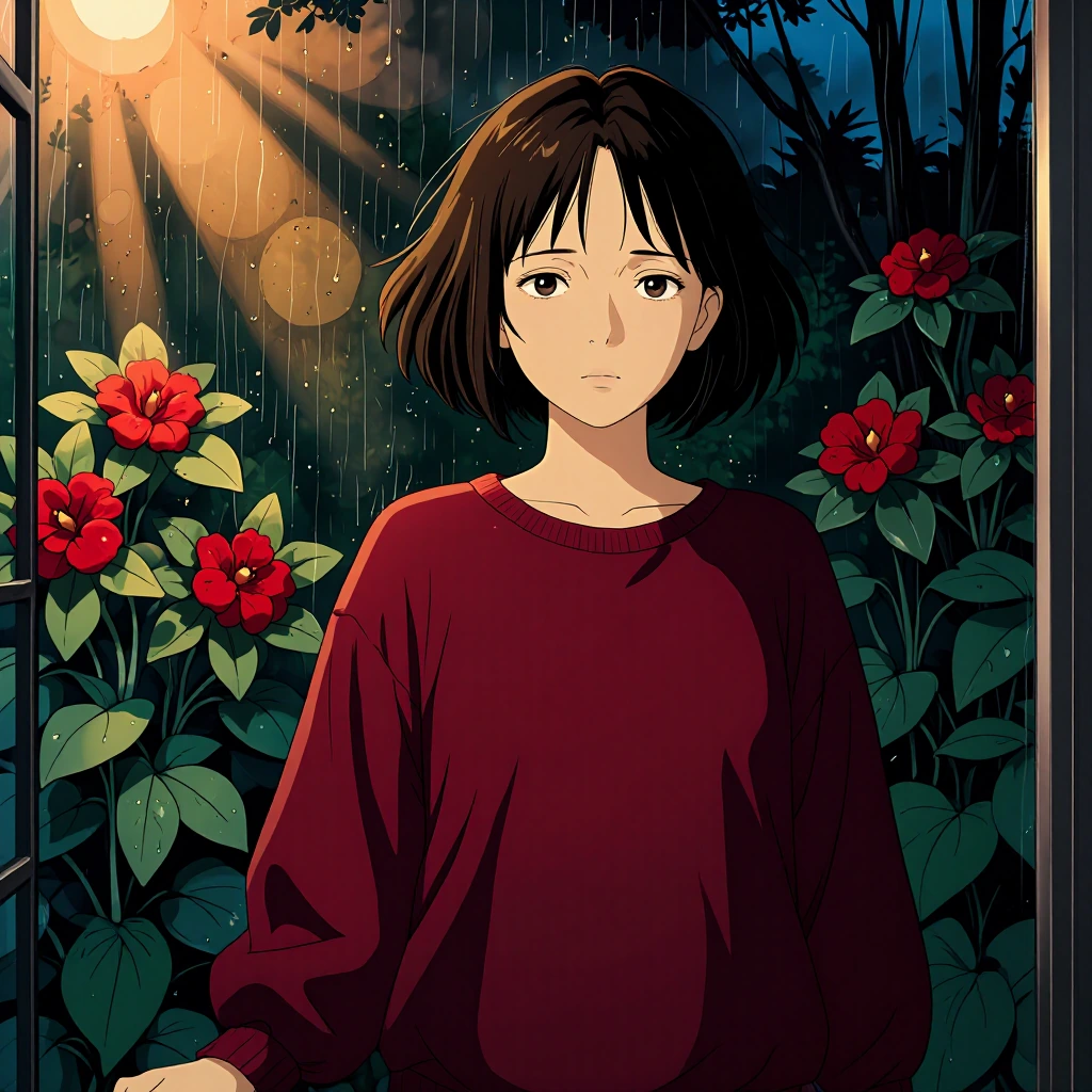Nighttime garden portrait in Makoto Shinkai style—woman with short dark wavy hair in burgundy oversized sweatshirt, standing amid crimson flowers and 