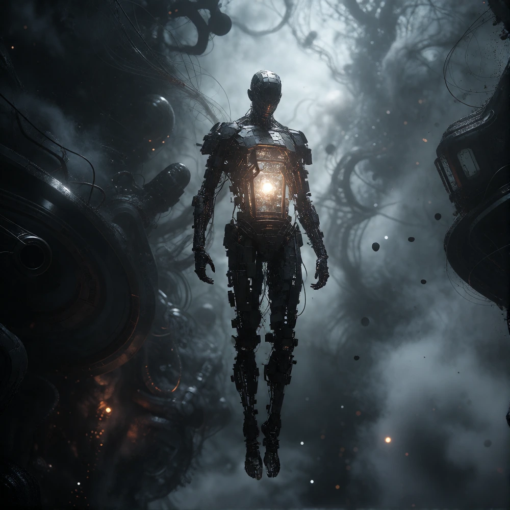 Ultra-dark, existential sci-fi concept art. A colossal, desolate void filled with swirling quantum fog, dark matter, and collapsing stars in the deep space. A single, towering humanoid figure, 'The Lantern-Keeper', stands suspended in nothingness. Th