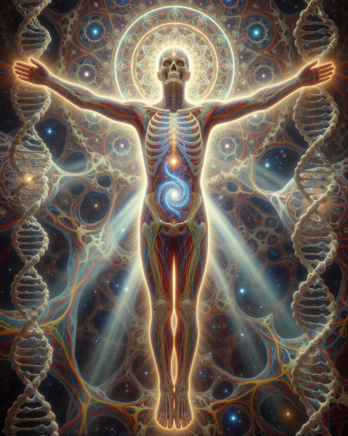 A human figure crucified with one foot nailed to earth, body dissolving into luminous anatomical line-work and sacred geometry, the skeleton and nervo