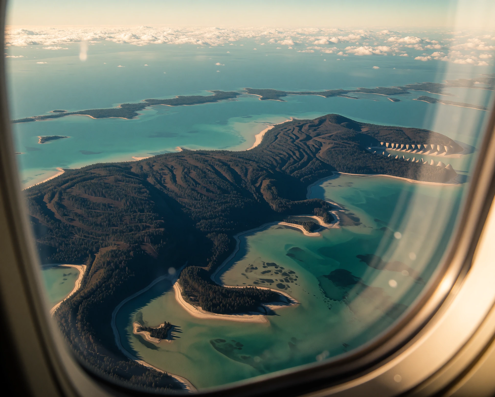Aerial photograph taken from a commercial airplane window: an island landmass shaped exactly like a sleeping Tyrannosaurus Rex in profilemassive jaw curved downward, thick neck, hunched back sloping toward the tail, all rendered in dark forested terr