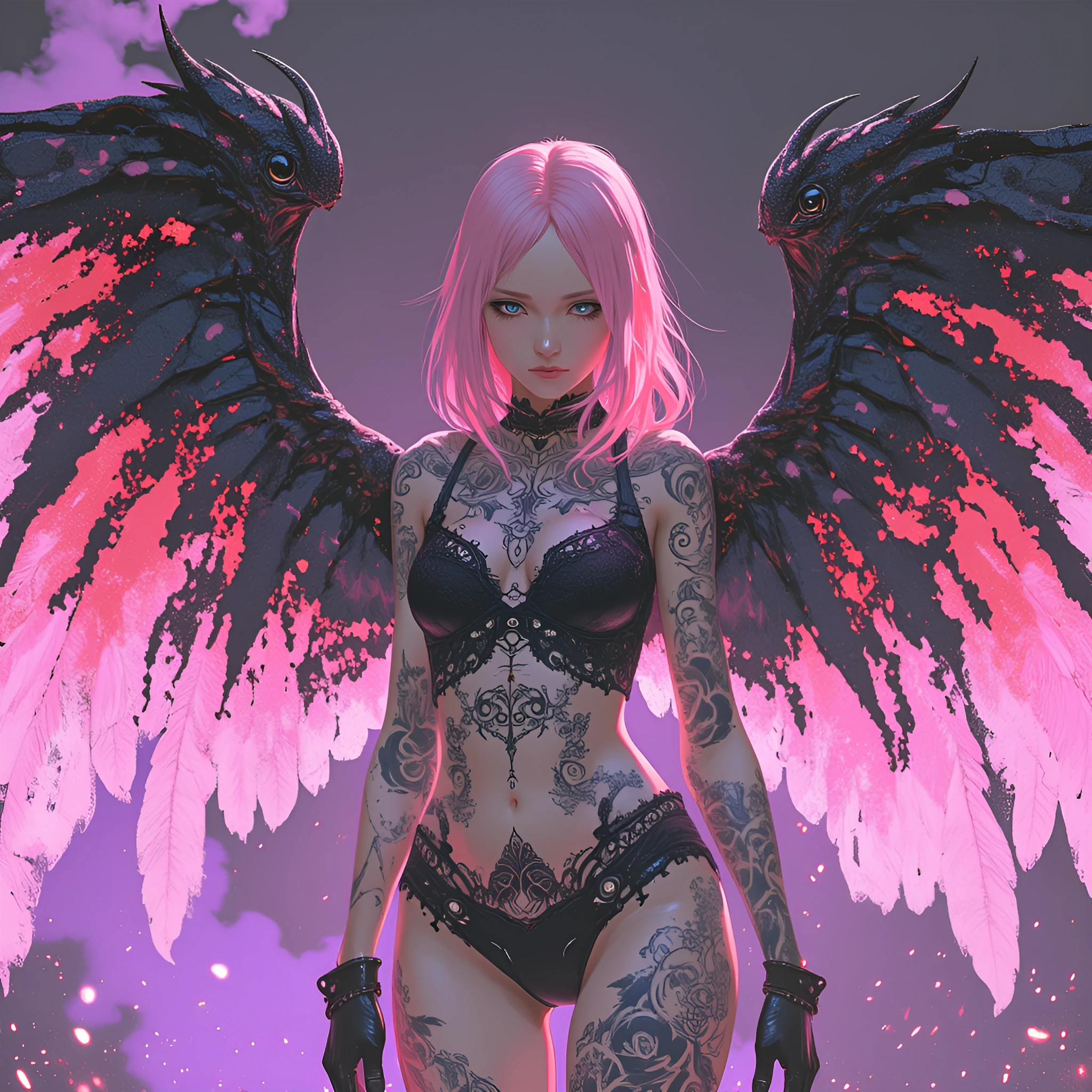 an artistic portrait of a woman with dark angel wings reflecting a pinkish glow. she has shoulder length pink hair draped over her shoulder, downcast eyes, and a delicate facial structure. she wears a black lace top, matching lace bottoms, and black