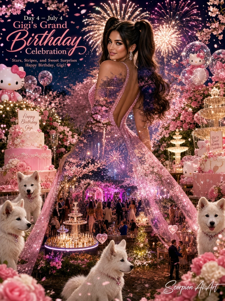 Day 4 — July 4: Gigi’s Grand Birthday Celebration Prompt: Create a spectacular double exposure masterpiece celebrating Gigi’s birthday on Independence Day, featuring a radiant bombshell brunette with elegant twin tails wearing a dazzling pink deep-ne