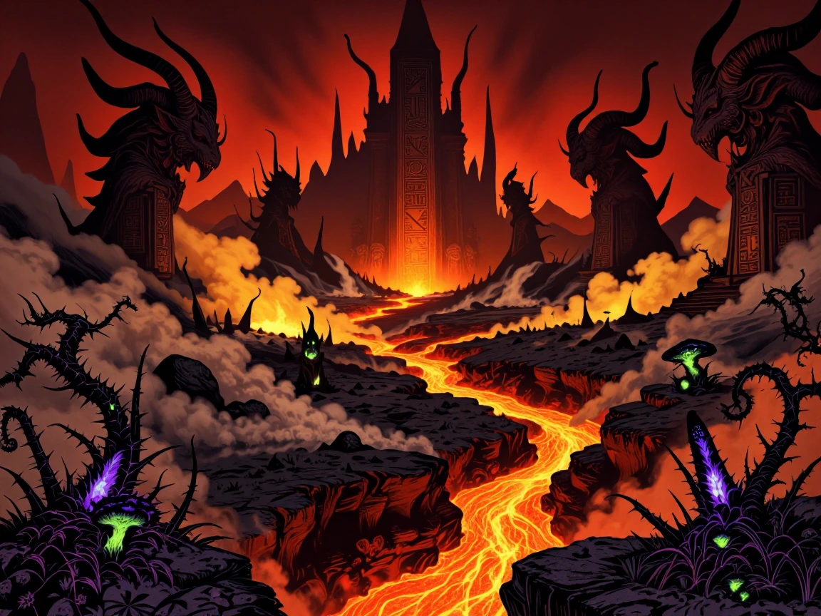 Crimson volcanic landscape with sulfurous steam vents, twisted obsidian spires piercing blood-red sky, rivers of molten lava flowing through charred c