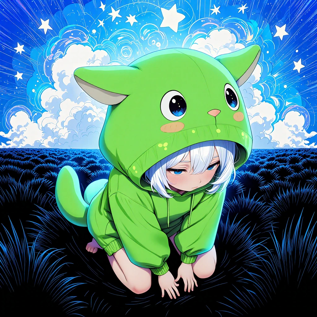 a anime kawaii girl, wearing cute green animal hoddie, cover head, white hair, shy, blush, front view, knees down, over look, beautiful, masterpiece, 