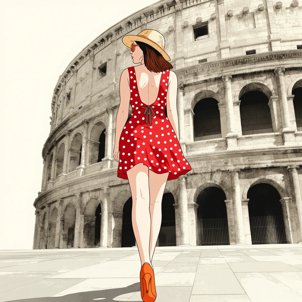 stankatayamaniji5z illustration. Modern painterly illustration. Low-angle, full-body back view shot of a woman walking toward the Colosseum in Rome. S