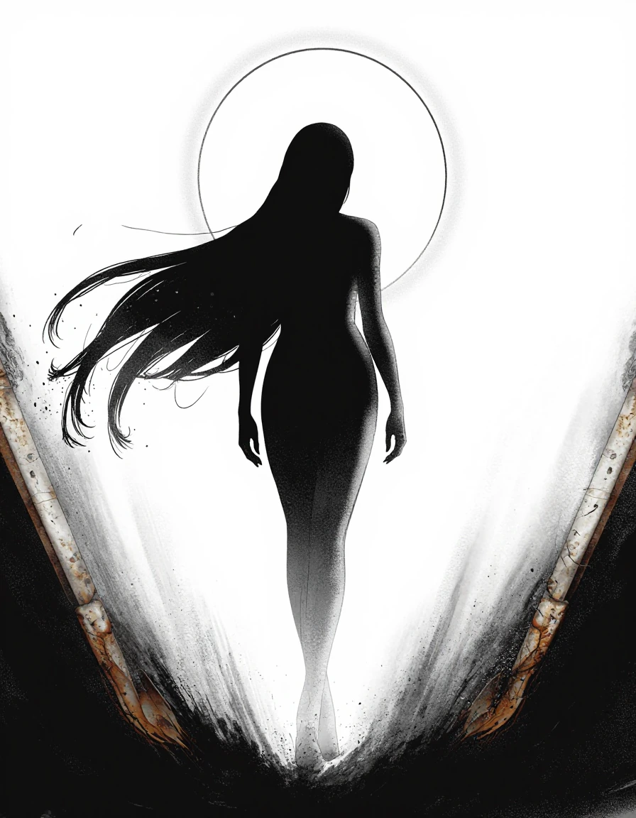 A dynamic illustration featuring a female figure depicted in an elegant, artistic style. The subject stands with her back turned, showcasing flowing long hair and a confident posture. She is set against a minimalist background, emphasizing a soft whi