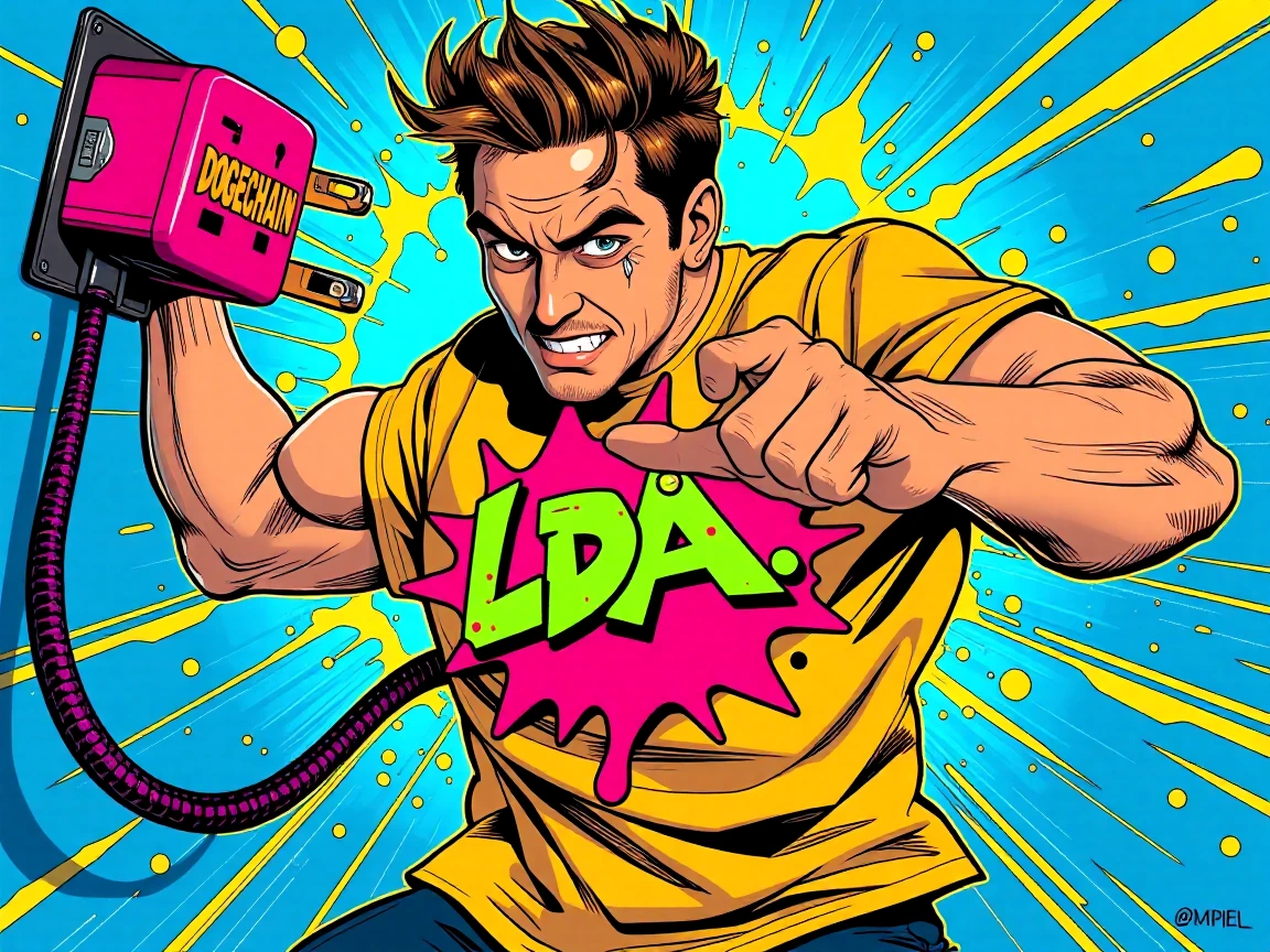 A vibrant cartoon illustration of a determined man forcefully pulling a large electrical plug from its socket, dynamic action pose with muscles tensed and sweat droplets flying, bold "LDA" text emblazoned across his bright colored t-shirt in graffiti