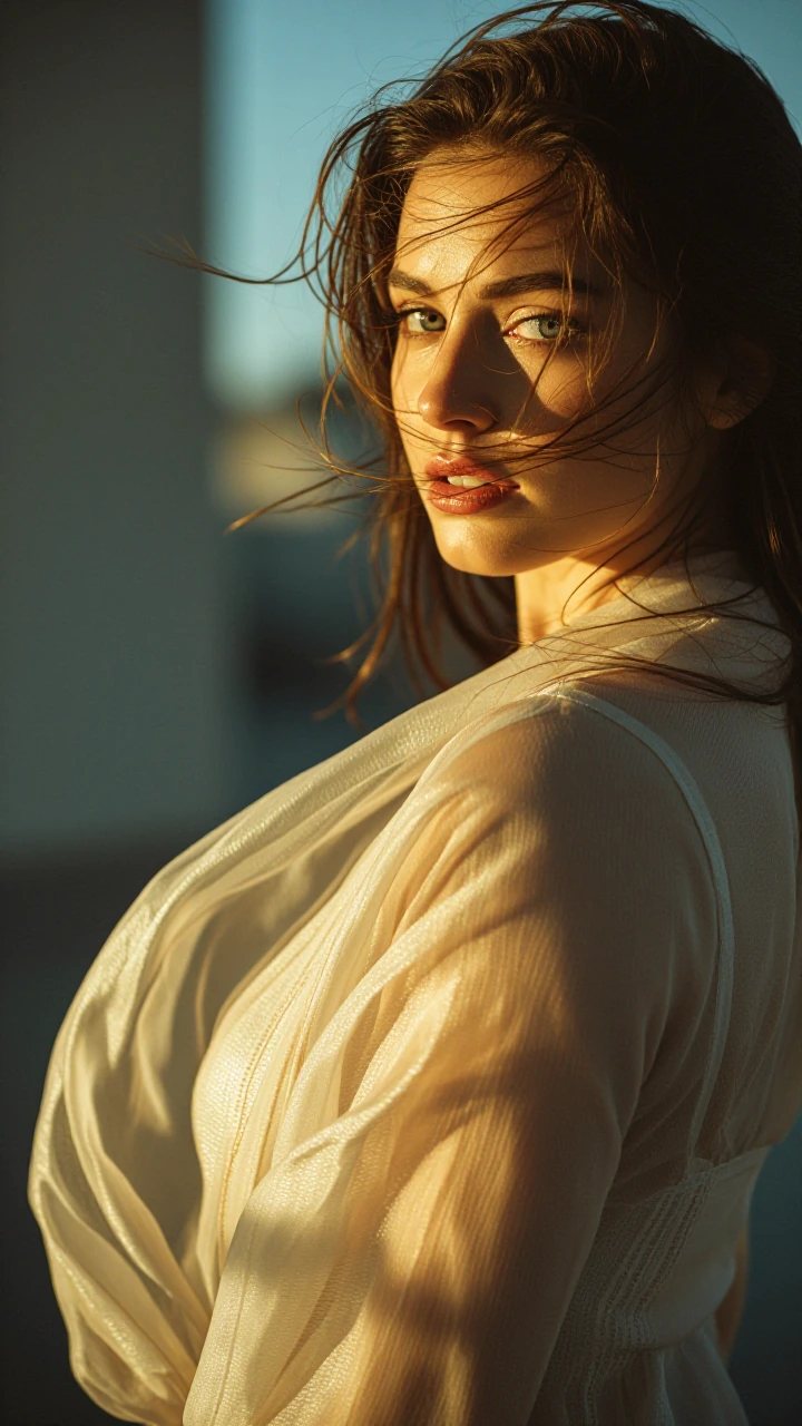 A woman in three-quarter profile with an arresting direct gaze, caught in the micro-instant before a knowing wink, wearing layered sheer silks that move as if caught in invisible wind. Shot with shallow depth of field and warm rim lighting that makes