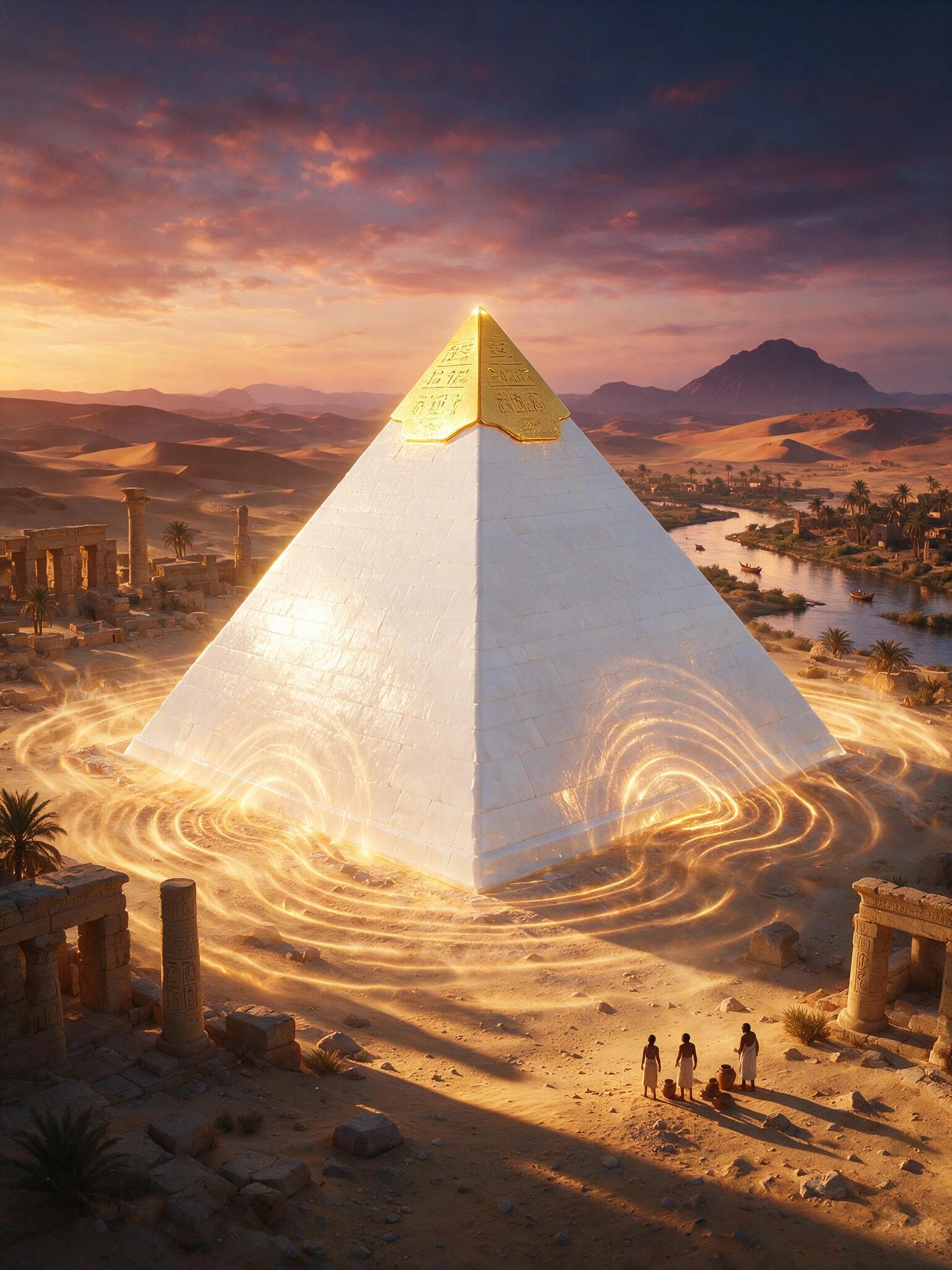 a mountain that hums at dusk; The Great Pyramid of Giza restored to it's original glory coated in pristine limestone and with a capstone of Hieroglyph inscribed Gold. As the Sunlight fails the heat draws out of the Great Pyramid and the structure hum