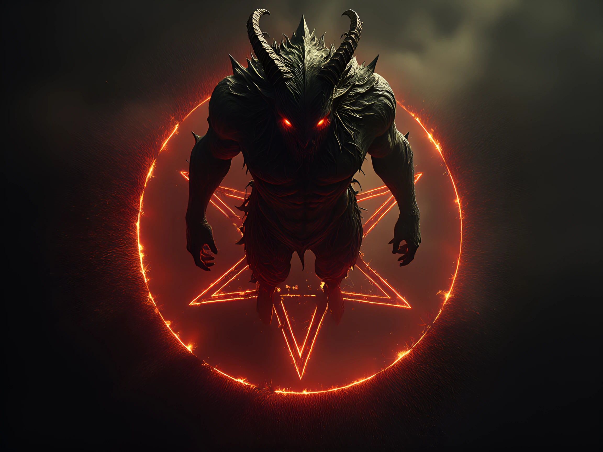 burning pentagram in a vast cornfield at night, aerial + low angle combination, towering demonic creature in center, muscular, horned, glowing red eyes, dark scorched skin, smoke and embers, fire spreading through dry corn, dramatic cinematic lightin