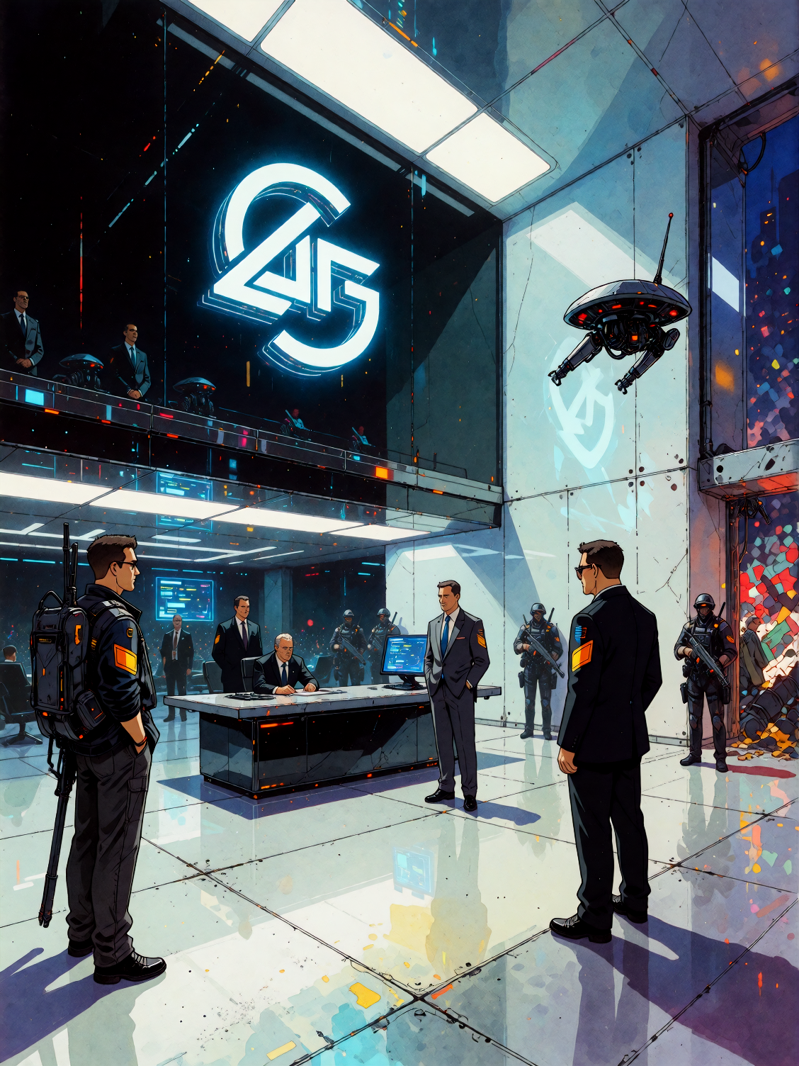 Cyberpunk megacorp lobby: sterile minimalist design, holographic company logo floating, security drones, black glass + chrome, cold white light mixed