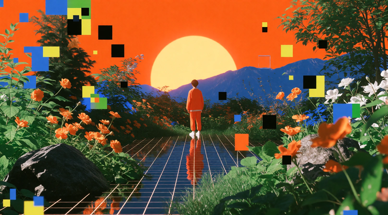 16:9 high-grade illustration, Mirrorize V4 pushed into raw avant-garde animation-cel territory mixed with bold graphic collage and digital-grid energy, hand-drawn imperfect black ink lines, massive dense detail, feels like a high-end animation studio