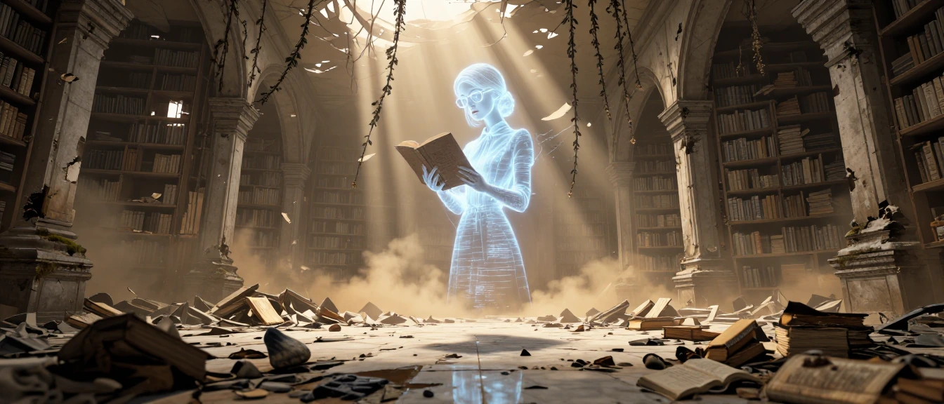 Depict a vast apocalyptic library reduced to smoldering rubble, crumbling stone archways and collapsed shelves stretching endlessly into a dust-choked