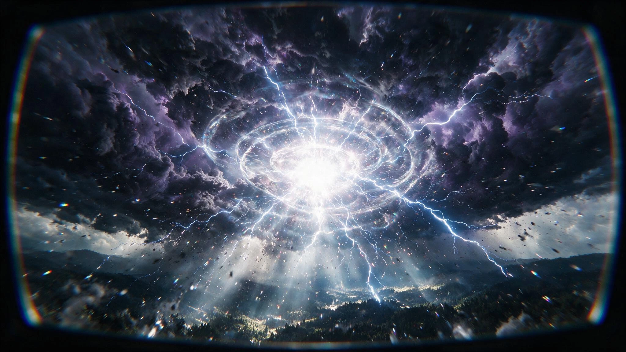 First-person view from inside a thunderclap at detonation—VR headset frame edges and chromatic aberration visible. Violent white-plasma bloom erupts from center, shockwave rings radiating outward through ionized air. Crackling lightning branches like
