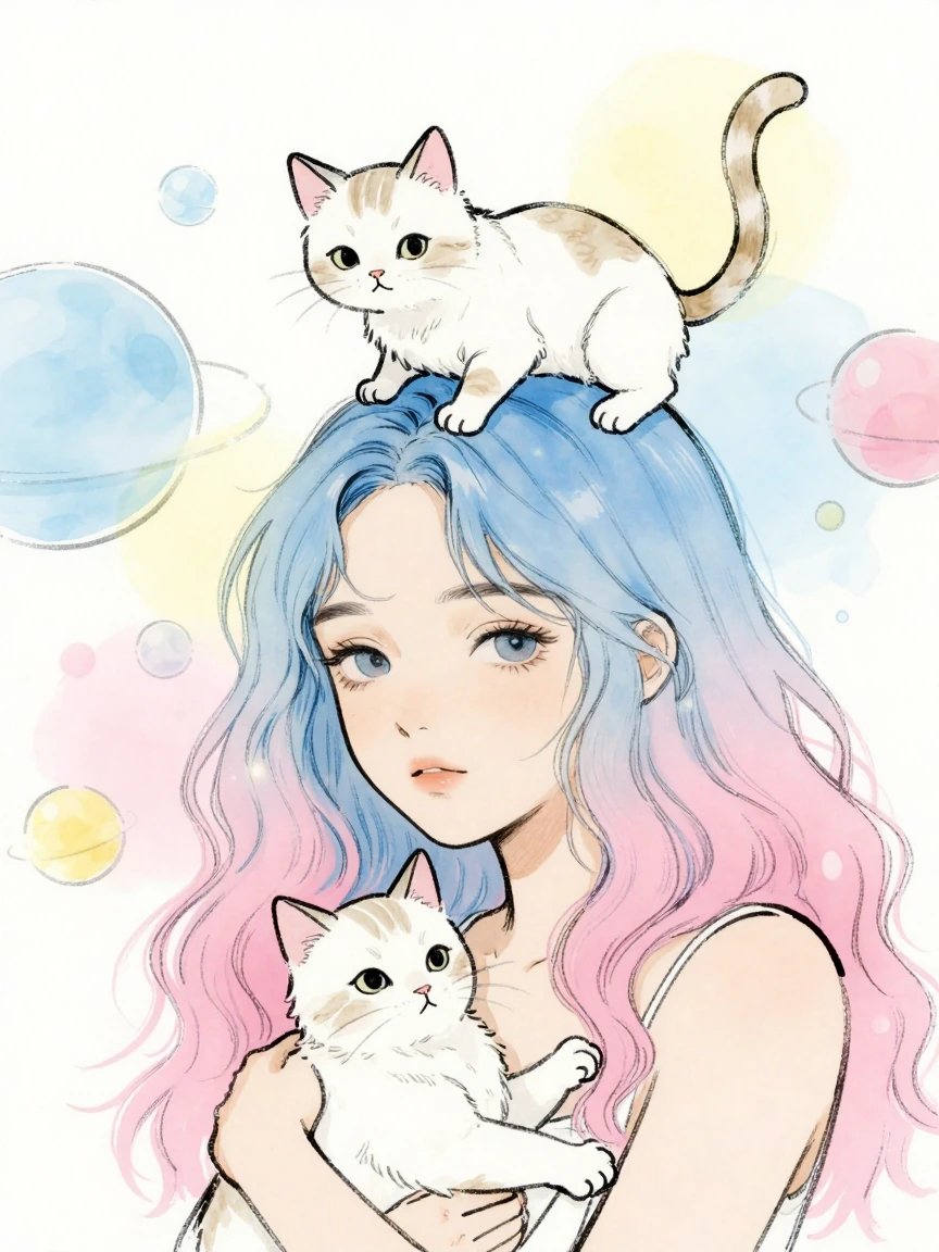 surreal close-up portrait illustration of a woman with blue-pink ombre hair, holding a cat in her arms while another cat sits playfully on her head with a single tail, ink outline style with expressive linework, watercolor painting with light pastel