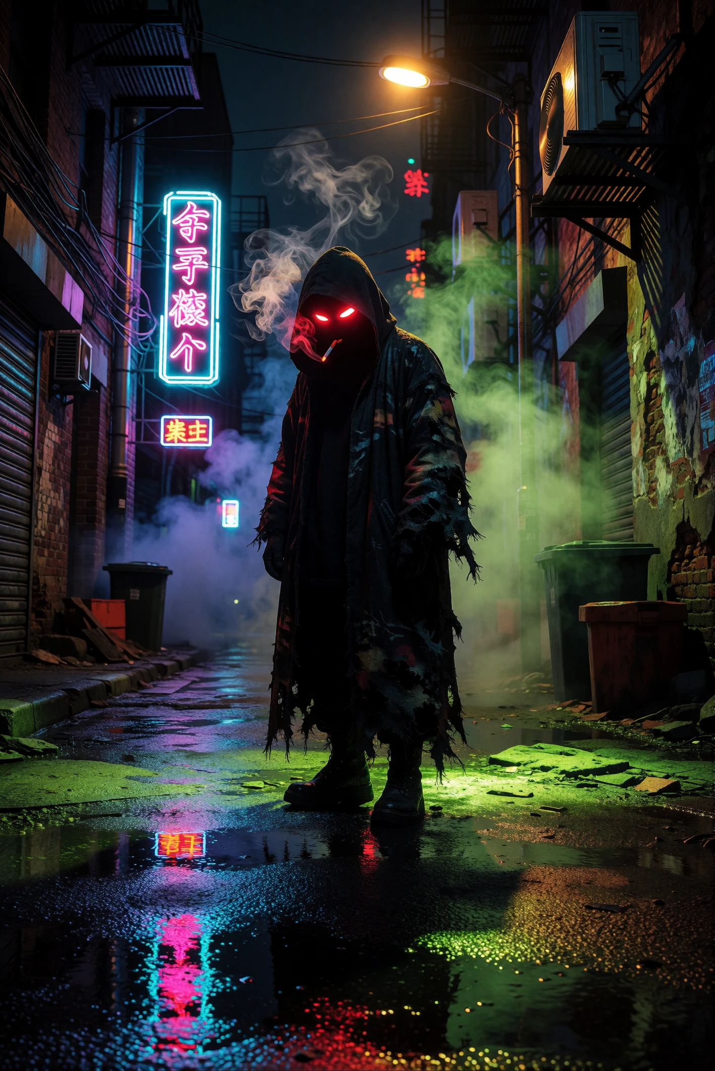 Hooded figure in tattered robes standing in a rainslicked alley at night, face hidden in shadow except for two burning neonred eyes cutting through the darkness. Wet pavement reflects fragmented neon signs in cyan and magenta. Cigarette smoke and ind
