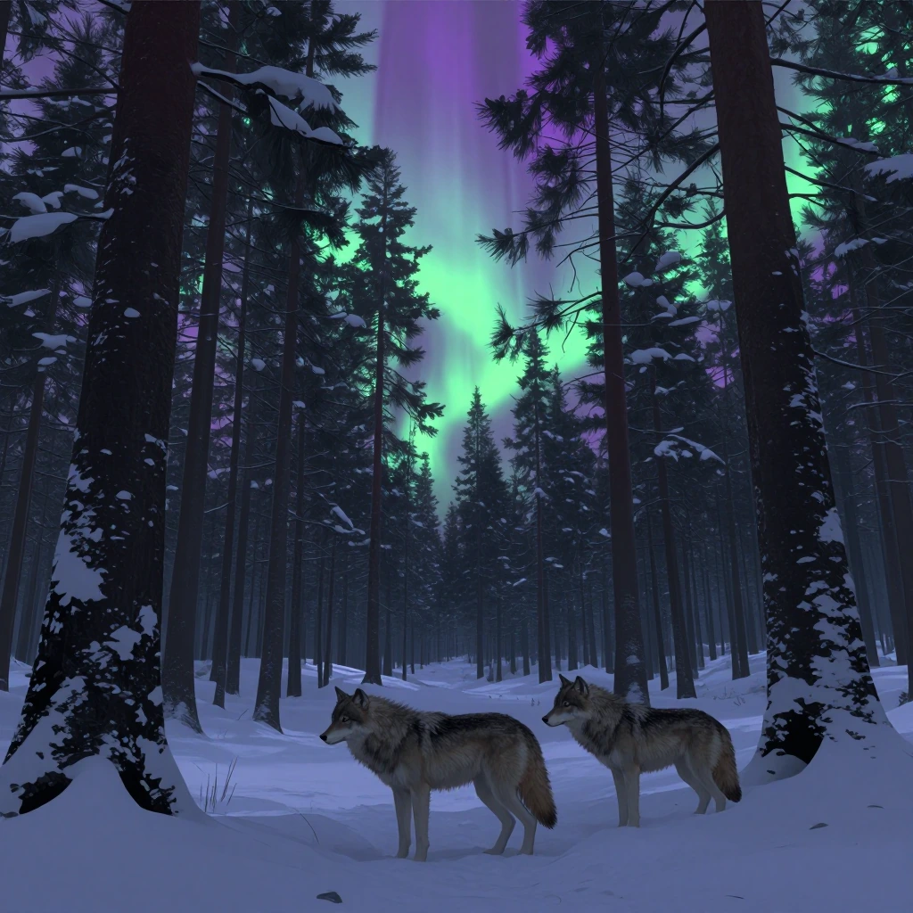 wolves in deep magical northern light covered forest