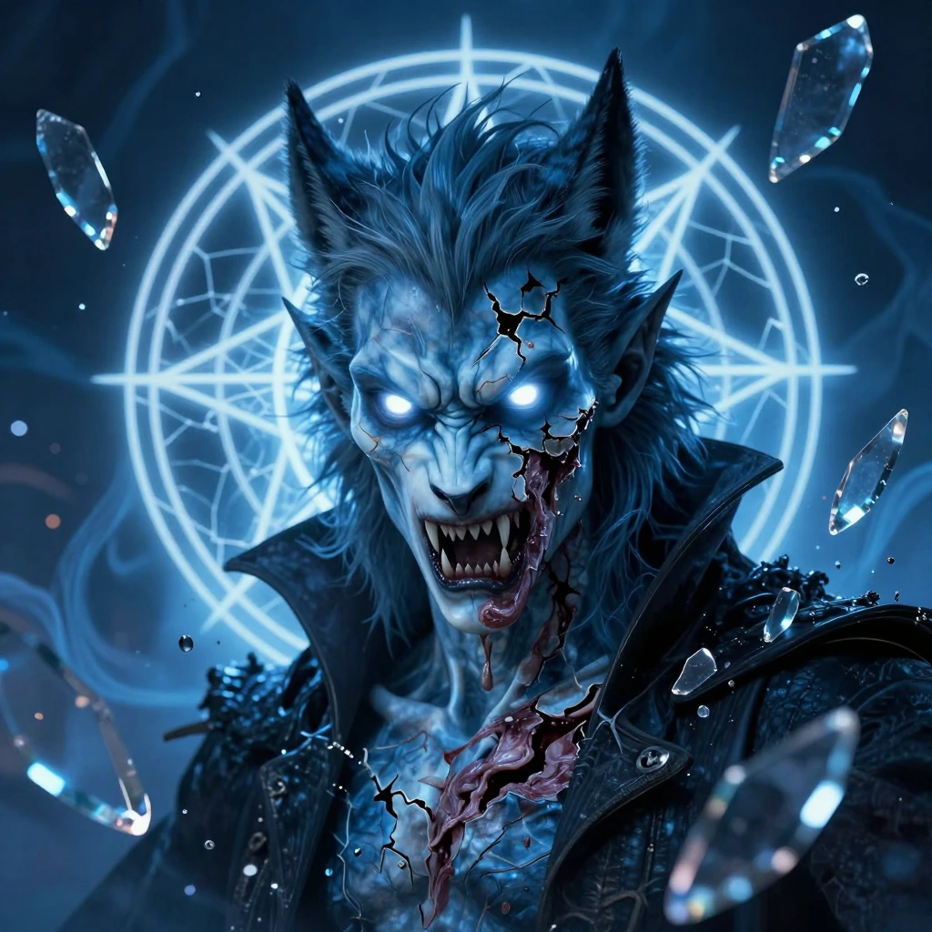 Hybrid vampire-werewolf with luminescent porcelain-blue skin and pulsing white eyes, face mid-transformation with fractured skin peeling away to reveal raw flesh and shifting fangs. Sharp pointed ears, wild spiked hair. Surrounded by floating glass s