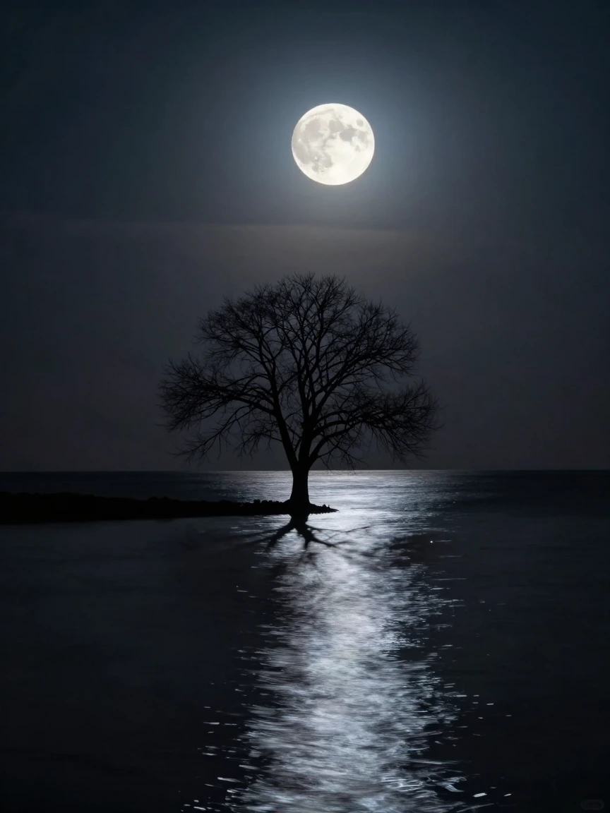 Moonlight reflected in still black water, a single bare tree silhouetted on the shoreline, rendered as a long-exposure photograph where the moon's light trails across the water's surface in a continuous silver streak, the tree a dark graphite mass ag
