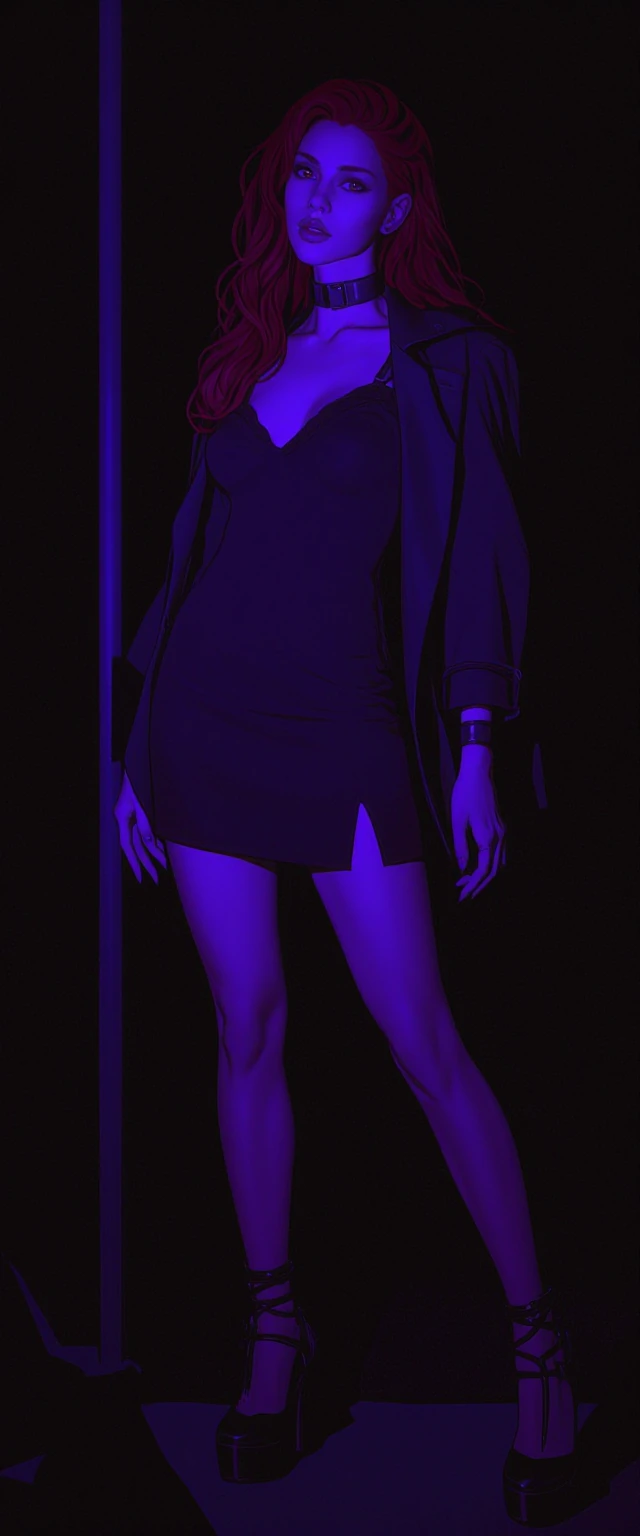 A hyperdetailed, cinematic masterwork of a striking human model standing gracefully in absolute pitch darkness, illuminated exclusively by intense, highoutput ultraviolet lights.