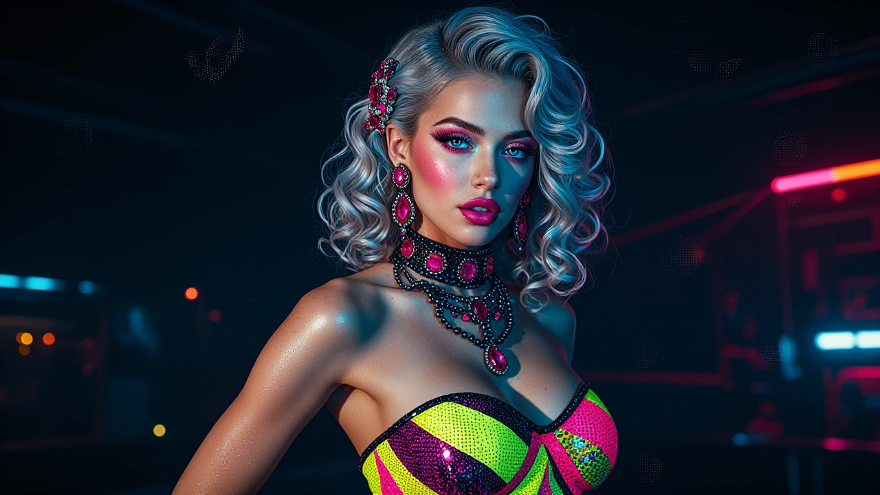 (masterpiece), best quality, expressive eyes, perfect face, Ultra-detailed stylized portrait of a glamorous woman in a neon pop-art disco aesthetic, three-quarter chest-up view, silver-blue hair with cyan and pink highlights in soft waves, jeweled fl