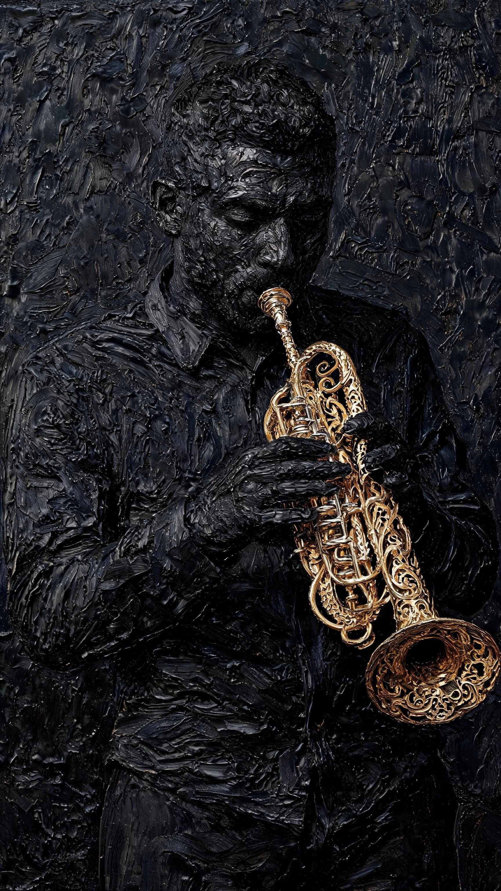 Surreal Portrait of a man playing a trumpet in thick black Impasto and brass filigree only. Waist up.