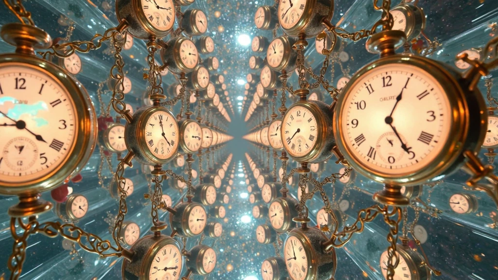 Endless mirrored corridor of floating melting pocket watches that are also human spines ticking backward, each reflection shows different impossible t