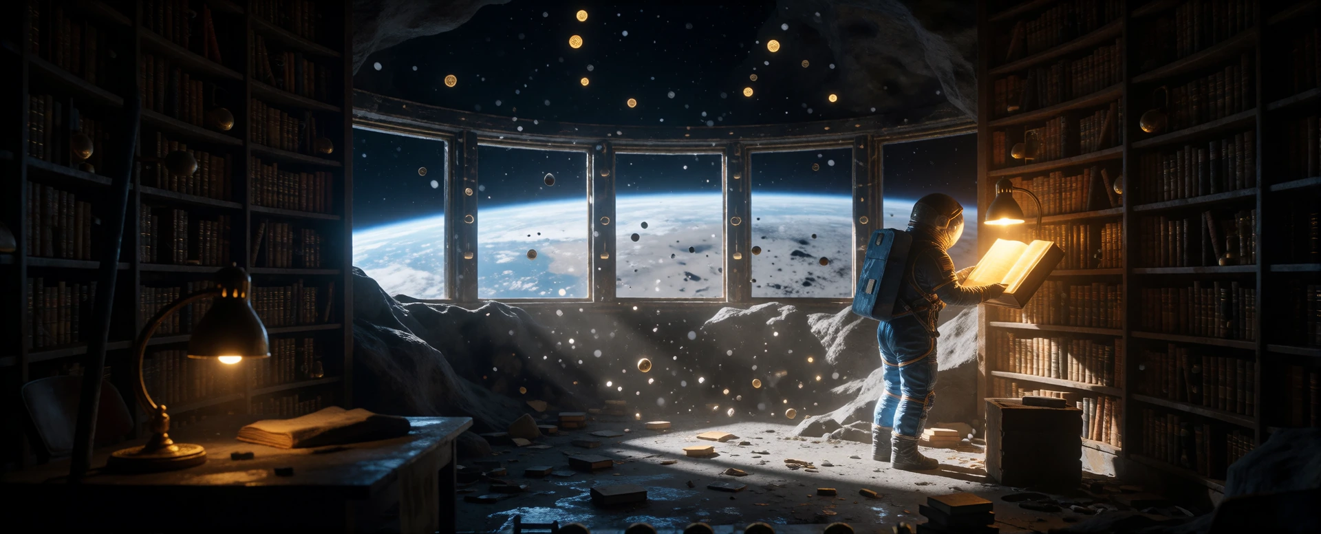 Color Palette: Complementary Royal blue + Soft gold A breathtaking wide-angle view inside an abandoned lunar library carved into the side of a crater. Endless shelves curve with the moon's gravity while massive panoramic windows reveal Earth suspende