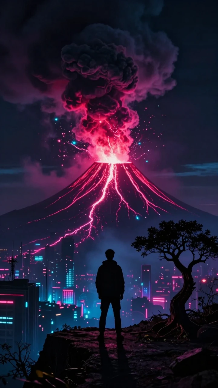 A silhouetted figure stands at the edge of a cliff watching a neon volcano erupt in the distance, its radioactive magenta and cyan lava flows cascading toward a glowing cyberpunk town below, thick black smoke billowing upward in heavy roiling columns