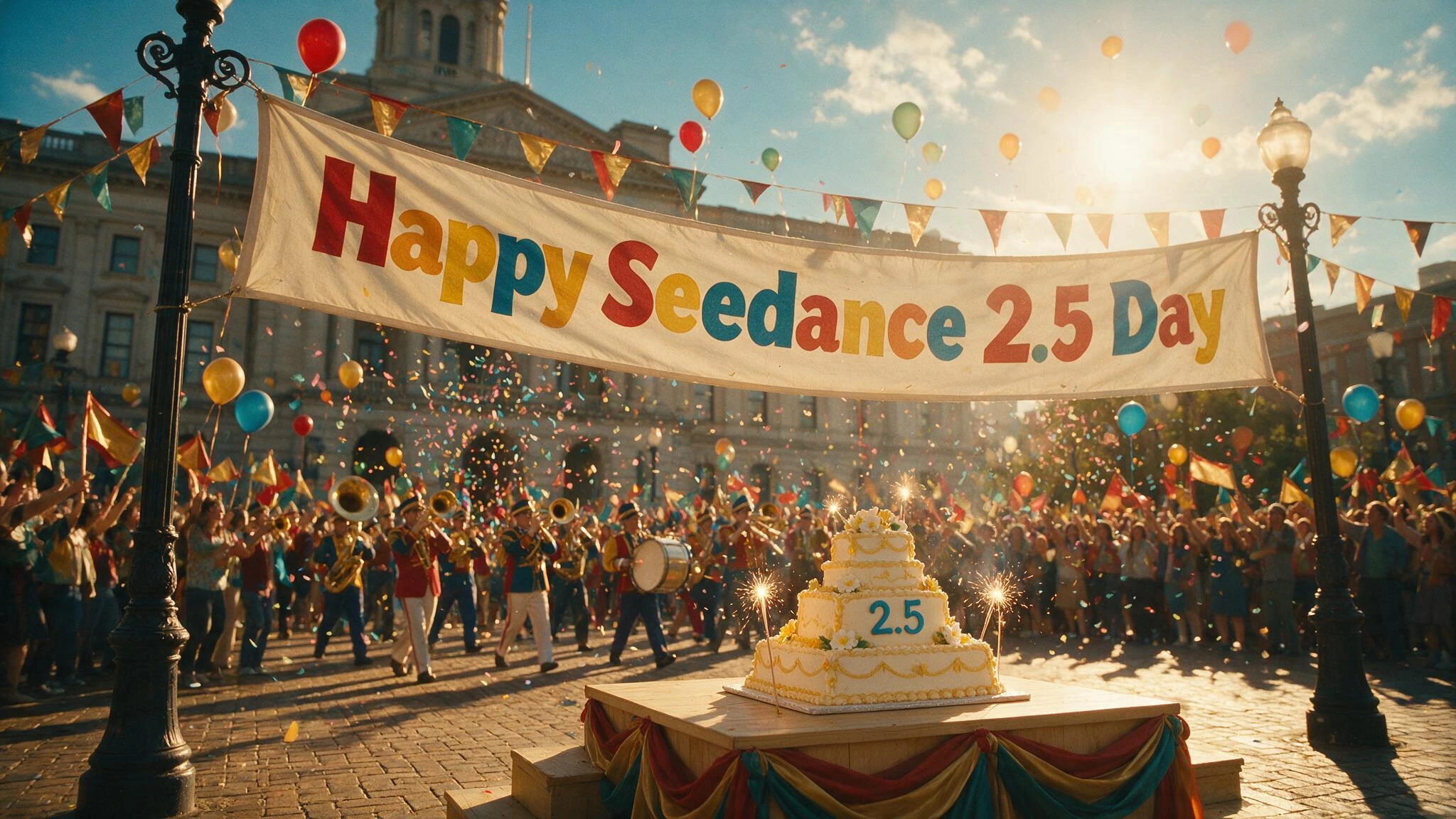 Capture a joyful mock national holiday celebration for "Happy Seedance 2.5 Day," styled like a festive public square parade caught in golden afternoon light. Show a cheerful crowd waving banners and confetti streams frozen mid-air, with a large fabri
