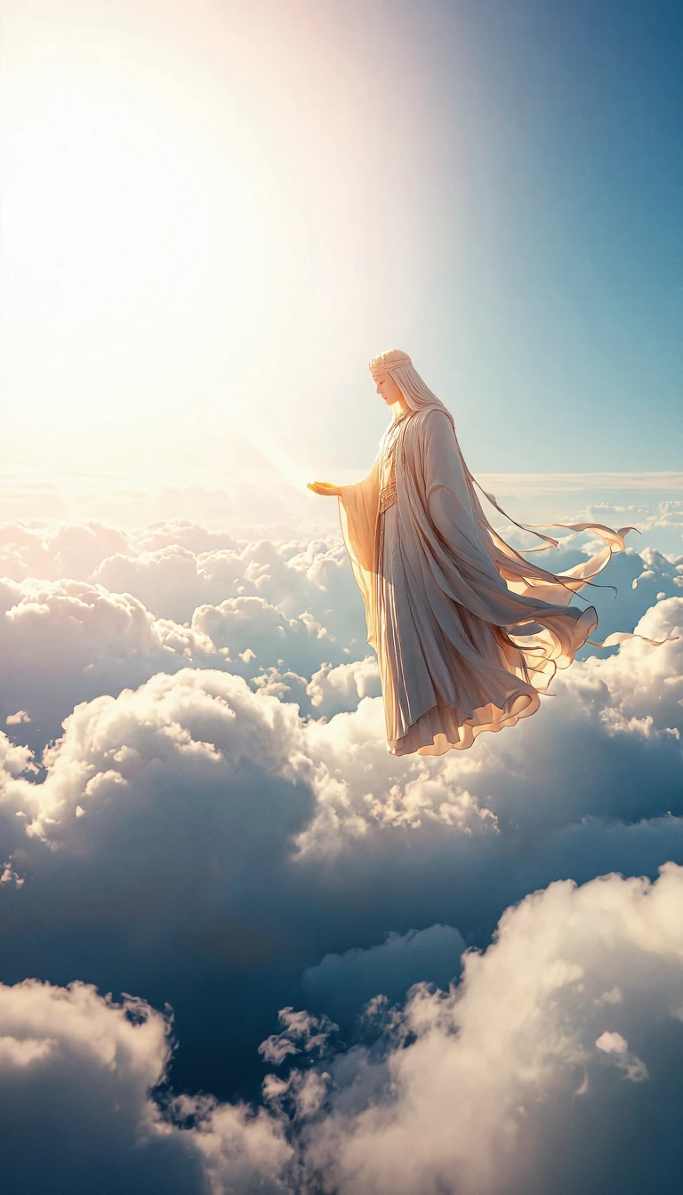 create a AI God floating above the clouds, with god ray lights