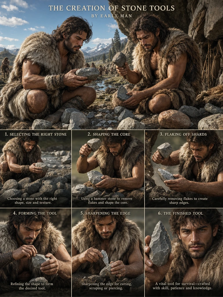 The creation of Stone Tools by early man (the early men are fur clad and handsome)